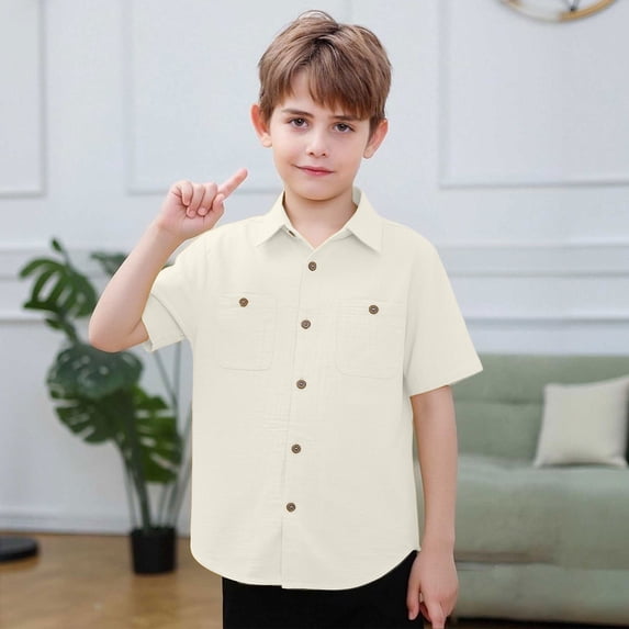 Krdevn Boys Solid Color Linen Short Sleeve Button Down Shirt Casual Dress Shirt with Pockets (5-14 Years)