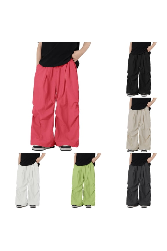 Krdevn Boys Solid Drawstring Wide Leg Parachute Pants Fall Summer Lightweight Windbreaker Trousers with Pockets 10-11 Years,Red