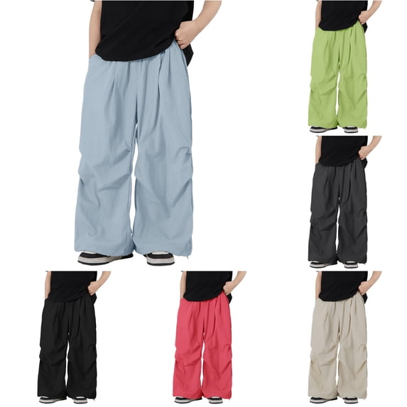 Krdevn Boys Solid Drawstring Wide Leg Parachute Pants Fall Summer Lightweight Windbreaker Trousers with Pockets 14-15 Years,Blue