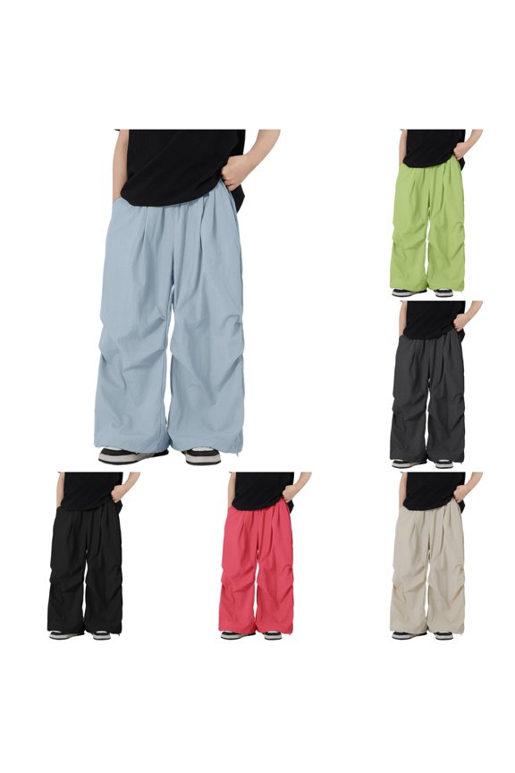 Krdevn Boys Solid Drawstring Wide Leg Parachute Pants Fall Summer Lightweight Windbreaker Trousers with Pockets 4-5 Years,Blue