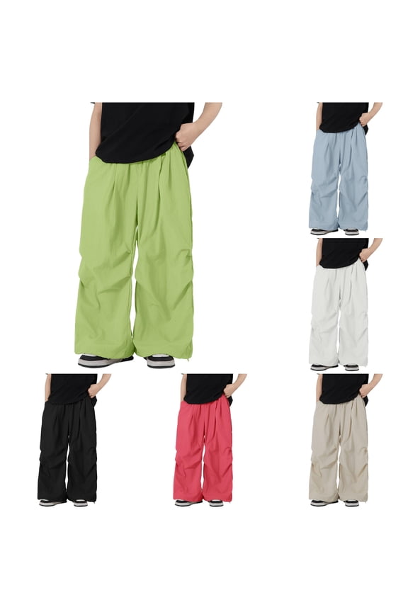 Krdevn Boys Solid Drawstring Wide Leg Parachute Pants Fall Summer Lightweight Windbreaker Trousers with Pockets 4-5 Years,Green