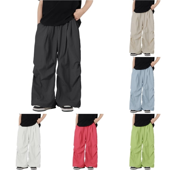 Krdevn Boys Solid Drawstring Wide Leg Parachute Pants Fall Summer Lightweight Windbreaker Trousers with Pockets 6-7 Years,Grey