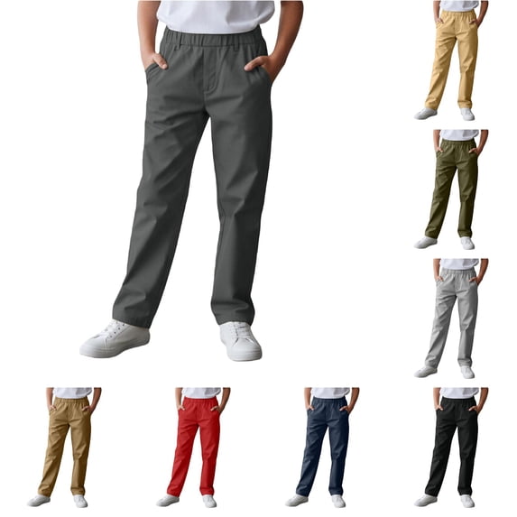 Krdevn Boys Solid Half Elastic Back Waist Straight Woven Pants Fall Loose Open Hem Casual Trousers with Side Pockets 8-9 Years,Dark Gray