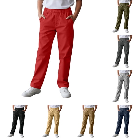Krdevn Boys Solid Half Elastic Back Waist Straight Woven Pants Fall Loose Open Hem Casual Trousers with Side Pockets 8-9 Years,Red