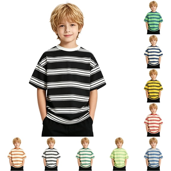 Krdevn Boys Striped Short Sleeve T Shirt Drop Shoulder Casual Summer Basic Tee,8-9 Years