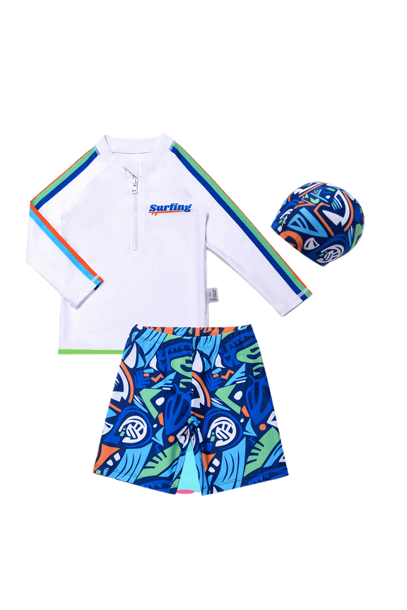 Boys Surfing Swimwear Set, Rash Guard Long Sleeve Top With Colorful Stripes & Graphic Swim Trunks + Matching Swim Cap, UPF 50+ Beach Pool For Kids,5-6 Years