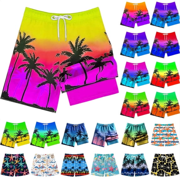 Krdevn Boys Swim Trunks Compression Liner Gradient Tropical Palm Tree Print Bathing Suit Board Shorts with Drawstring Size:13-14 Years
