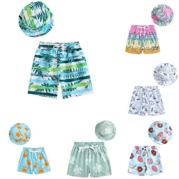 Krdevn Boys Tropical Leaf Striped Swim Trunks Matching Bucket Hat Beach Pool Summer Casual Bathing Suit Swimwear Set,4-5 Years