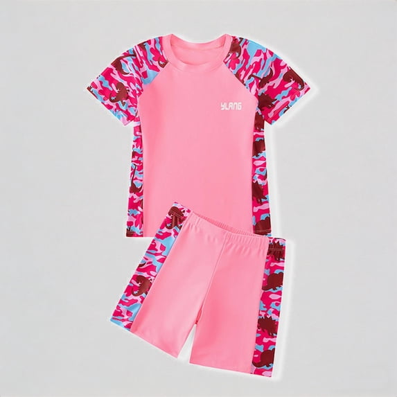 Krdevn Boys Two Piece Rash Guard Swimsuit Camo Print Raglan Short Sleeve Color Block Elastic Waist Trunks Summer Beach Pool Swimwear,5-6 Years