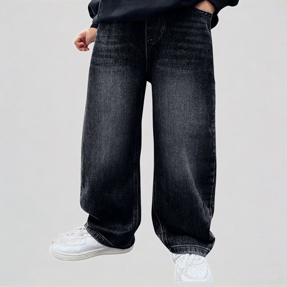 Krdevn Boys' Vintage Wash Baggy Jeans Elastic Waist Wide Leg Denim Trousers,7-8 Years