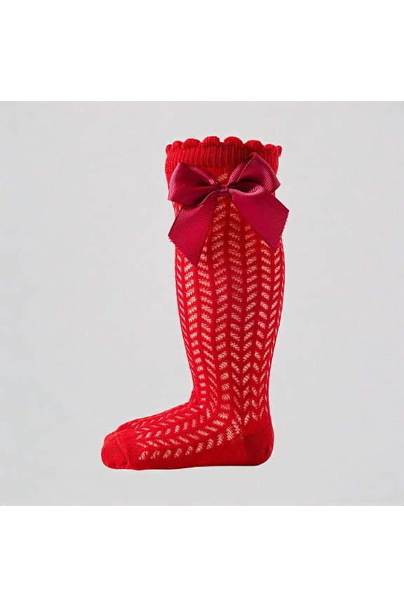 Breathable Baby Socks Spanish Hollow Knit Mid Calf Socks with Bow for Girls Boys Spring Summer Comfortable Toddler,2-4 Years