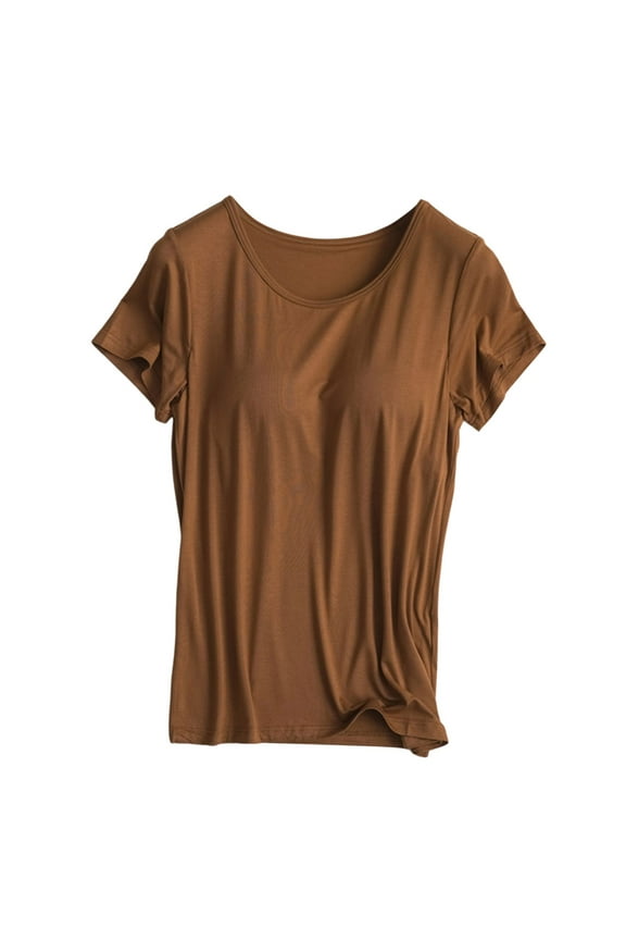 Builtin Bra T Shirt for Womens Padded Tops Short Sleeves Blouses Soft Pajama Casual Shirts for Workout Yoga,Women's Tops, Tees & Blouses,Size:M