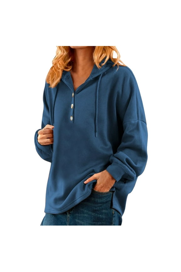 Button-Down Hoodie - Women's Long Sleeve Pullover, Casual Solid Color for Work & Weekend, Size for M