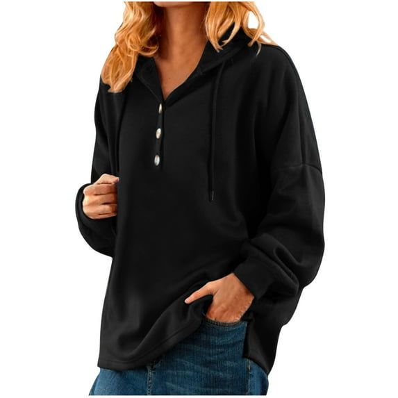 Krdevn Button-Down Hoodie - Women's Long Sleeve Pullover, Casual Solid Color for Work & Weekend, Size for XXL