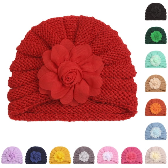 Krdevn Cable Knit Baby Beanie Hat Chiffon Rose Flower Soft Stretchy Warm Winter Knitted Cap for Toddler Girls Cold Weather