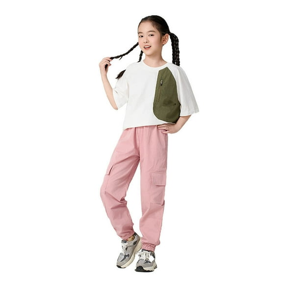 Krdevn Cargo Pants for Girls Boys Cargo Jogger Pants Casual Girl's Elastic Waist Cargo Pants with Pockets,7-8 Years