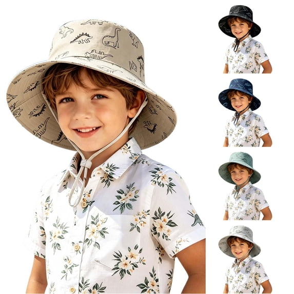 Krdevn Cartoon Dinosaur Print Kids Wide Brim Sun Hat Adjustable Chin Strap Beach Cap for Toddler Boys Girls