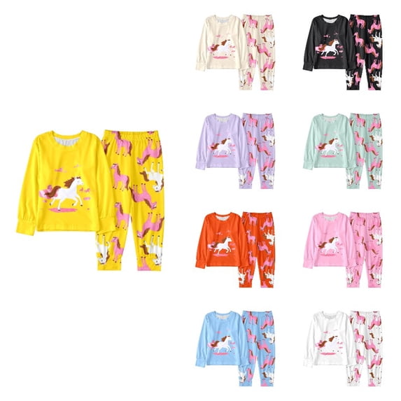 Krdevn Cartoon Horse Print Girls Pajama Set, Long Sleeve Crew Neck Top All Over Print Jogger Pants 2 Piece Loungewear for Home Sleep,Yellow