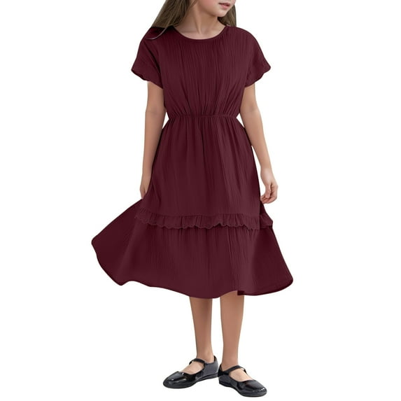 Krdevn Children Short Sleeved Solid Color Princess Dress Lace Semi Formal Dress,8-9 Years