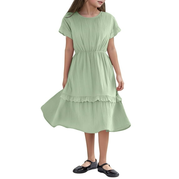 Krdevn Children Short Sleeved Solid Color Princess Dress Lace Semi Formal Dress,8-9 Years