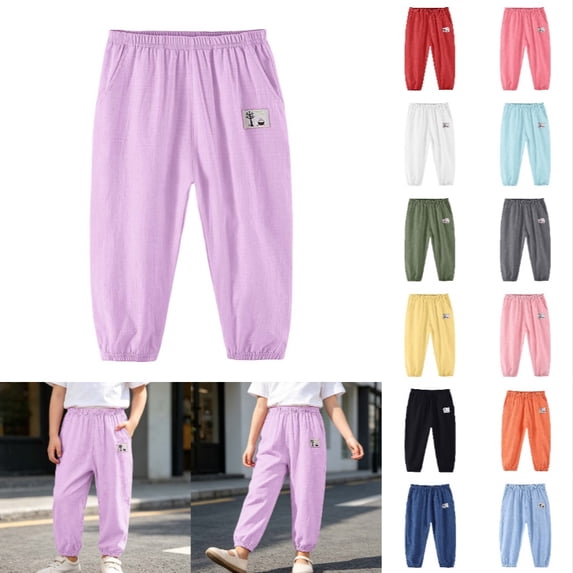 Krdevn Children Thin Cotton Linen Casual Pants, Ankle Band Elastic Waist Outdoor Summer Trousers,Purple