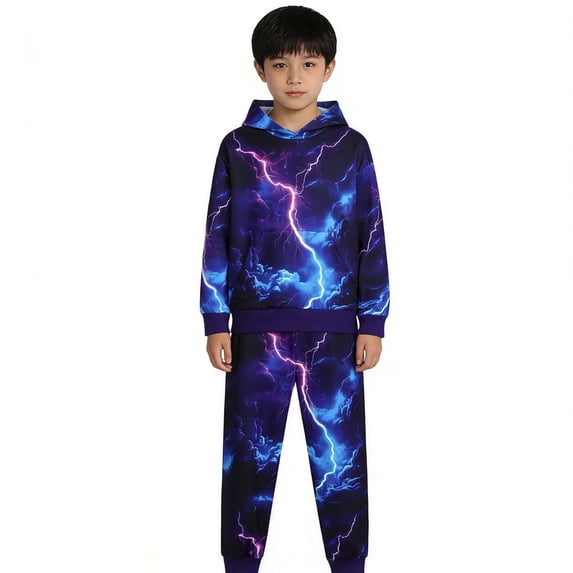 Krdevn Children Thunder Lightning All Over Print Hoodie Jogger Pants 2 Piece Streetwear Clothing Set 8-9 Years,Dark Blue