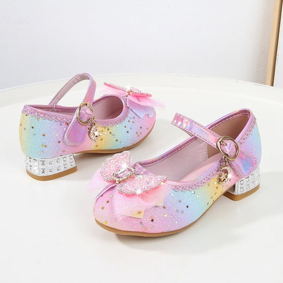 Krdevn Closed Toe Low Block Heel Ankle Strap Glitter Rhinestone Bow Dress Party Sandals (Little Girls, Big Girls),12