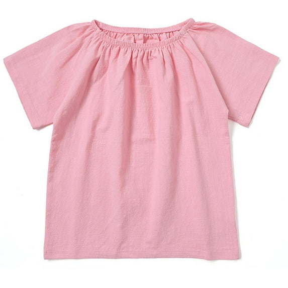Krdevn Clothing Baby Girls' Round Neck Plain Color and Linen T Shirt with Pure Texture Comfortable and Breathable Short Sleeved T Shirt,1-2 Years