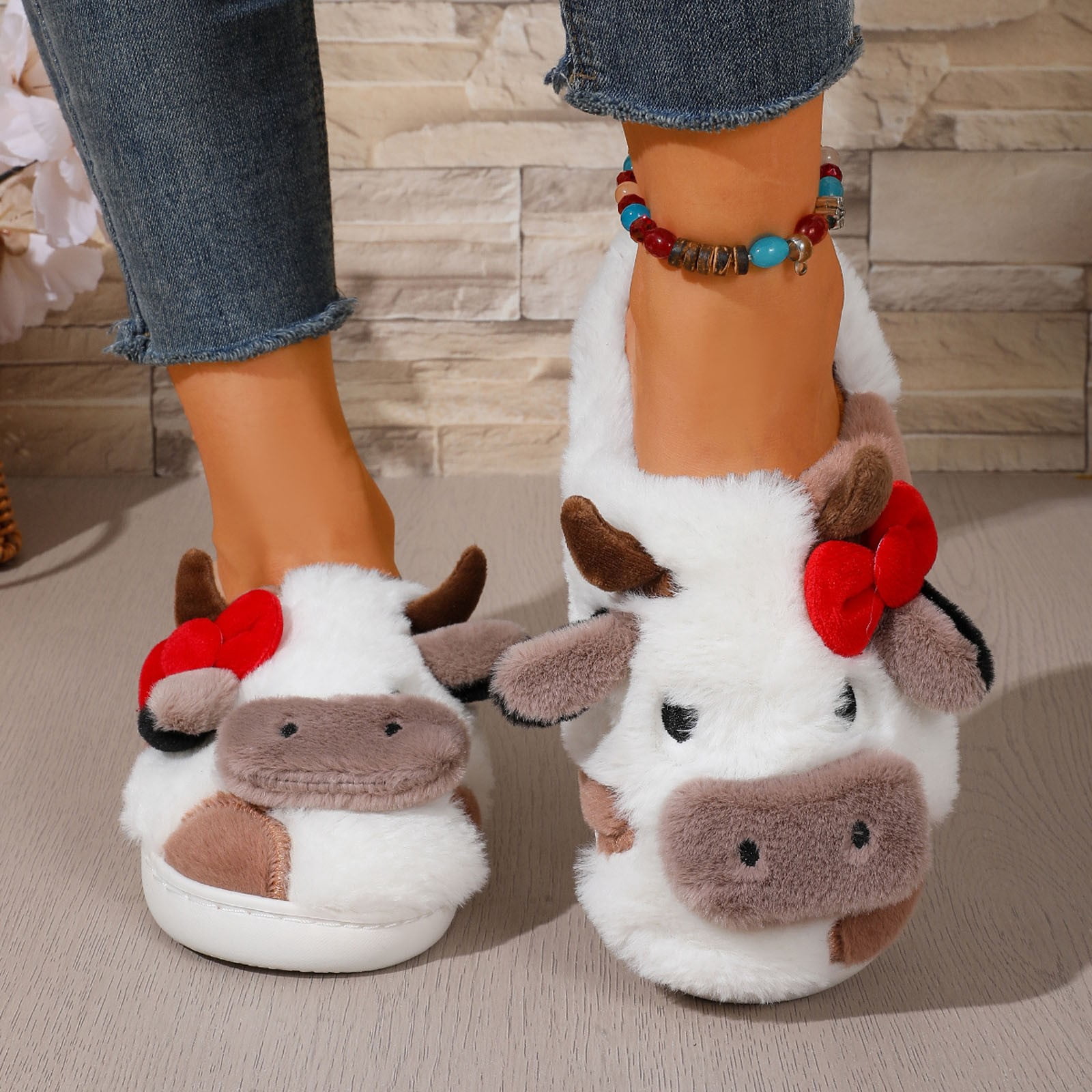 Krdevn Cow Print Cute Animal Slippers Soft Plush Build Cuddly Character ...