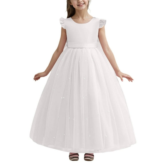 Krdevn Elegant Long Girls Formal Dress with Bow and Beaded for Birthday Party Pageant Gown,Size:12-14 Years