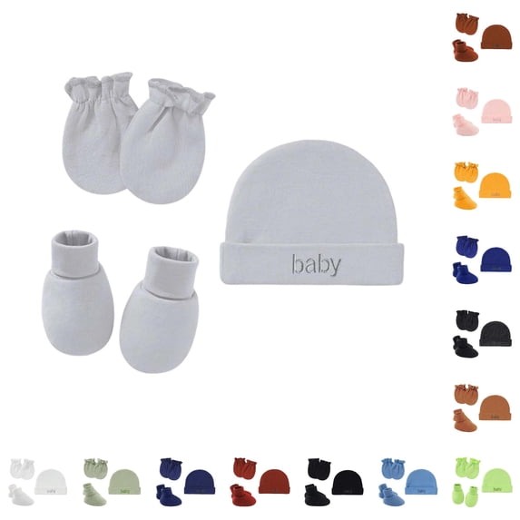 Krdevn Embroidered Hat with Hand Covers and Foot Socks, Stretchy Gentle Fit Set for Everyday Wear (Baby),0-5 Months