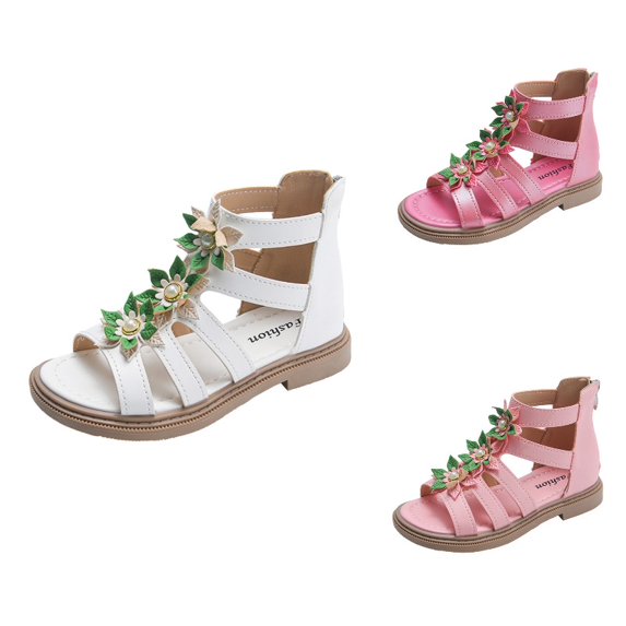 Krdevn Floral High Top Strappy Sandals with Back Zipper, Low Block Heel Open Toe (Little Girls,Big Girls),11-11.5 Years