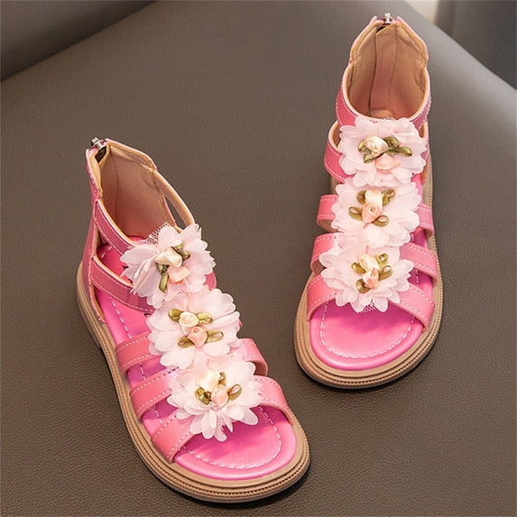 Krdevn Floral High Top Strappy Sandals with Back Zipper, Low Block Heel Open Toe (Little Girls,Big Girls),5.5-6 Years