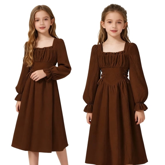 Krdevn French Square Neck Girls Party Dress with Puff Sleeves Elegant Waist Defining Flared Gown for Autumn Fall Season Formal Occasions and Special Events,10-11 Years