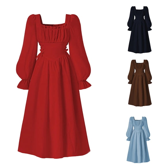 Krdevn French Square Neck Girls Party Dress with Puff Sleeves Elegant Waist Defining Flared Gown for Autumn Fall Season Formal Occasions and Special Events,8-9 Years