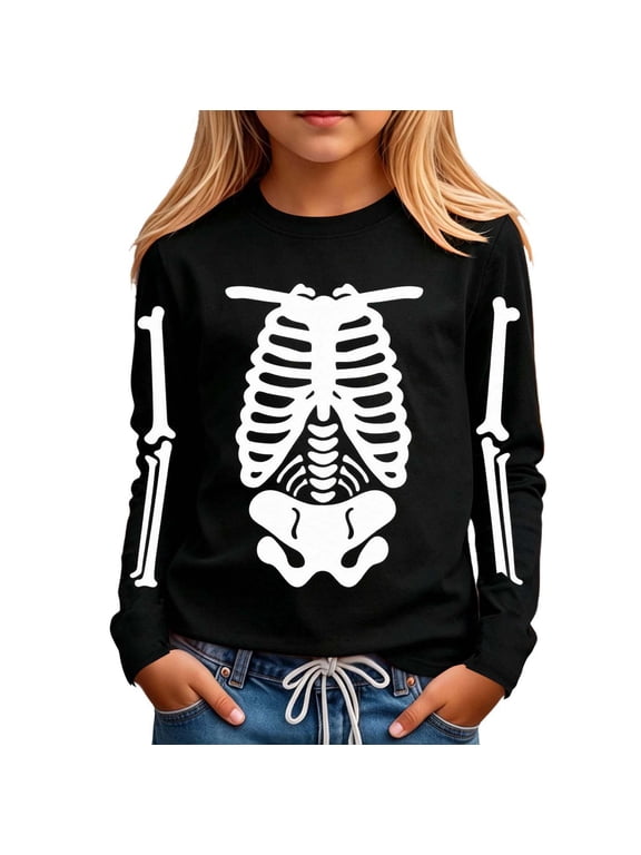 Krdevn Full Body Skeleton Print Long Sleeve Shirt with Arm Bone Graphic Halloween Crew Neck Top Size:11-12 Years