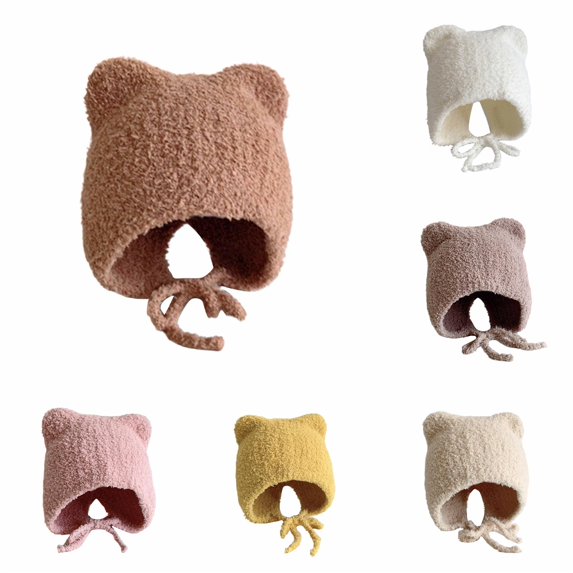 Krdevn Fuzzy Plush Baby Earflap Hat Cute Bear Ears Adjustable Tie Strap Soft Thermal Windproof Warm Winter Cap for Unisex Toddler Boys Girls Cold Weather Outdoor