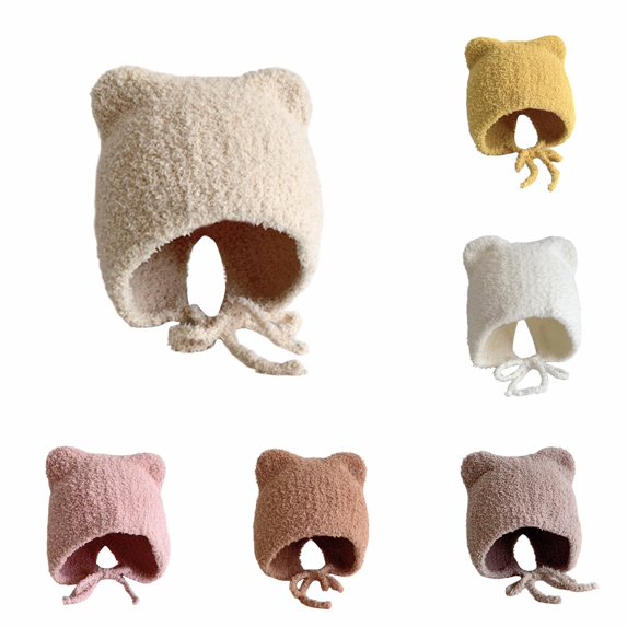 Krdevn Fuzzy Plush Baby Earflap Hat Cute Bear Ears Adjustable Tie Strap Soft Thermal Windproof Warm Winter Cap for Unisex Toddler Boys Girls Cold Weather Outdoor