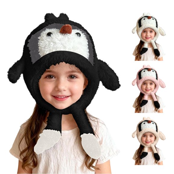Krdevn Fuzzy Plush Kids Earflap Hat Cute 3D Penguin Animal Design Adjustable Tassel Chin Strap Thermal Windproof Warm Winter Cap for Unisex Toddler Boys Girls Cold Weather