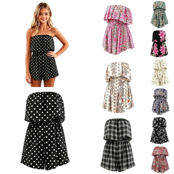 Krdevn Girl's Strapless Off Shoulder Flower Ruffled Beachwear Short Tube Rompers Jumpsuits,Black