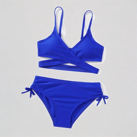 Krdevn Girls 2 Piece Bikini Set, Solid Crisscross Spaghetti Strap Top with Side Tie Bottoms for Beach Pool Summer,5-6 Years