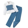 thumbnail image 1 of Krdevn Girls 2 Piece Outfit Smocked Denim Splicing Ruffle Long Sleeve Top Casual Wide Leg Pants Set,8-9 Years, 1 of 8