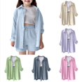 thumbnail image 1 of Krdevn Girls 2 Piece Outfit, Solid Lapel Long Sleeve Pocket Shirt & High Waist Pocket Shorts Casual Kids Set,Light Blue, 1 of 9