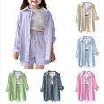 thumbnail image 1 of Krdevn Girls 2 Piece Outfit, Solid Lapel Long Sleeve Pocket Shirt & High Waist Pocket Shorts Casual Kids Set,Light Purple, 1 of 9