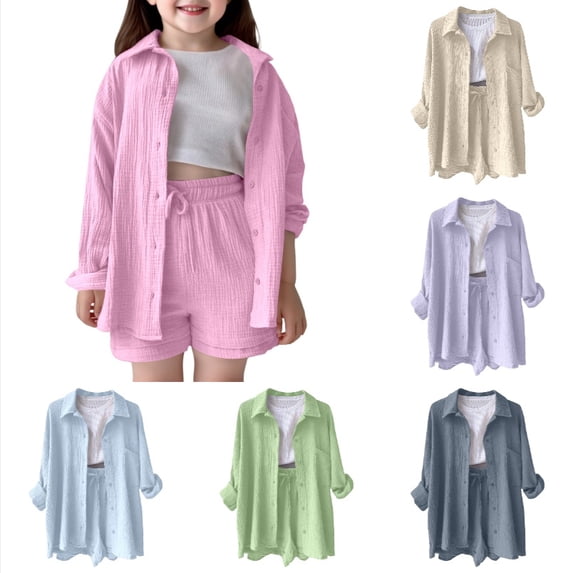 Krdevn Girls 2 Piece Outfit, Solid Lapel Long Sleeve Pocket Shirt & High Waist Pocket Shorts Casual Kids Set,Pink