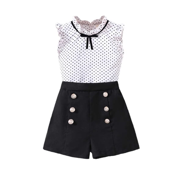 Krdevn Girls' 2-Piece Polka Dot Outfit, Ruffled Sleeveless Top with Double Shorts, Cute Casual Fashion Suit for Kids,7-8 Years