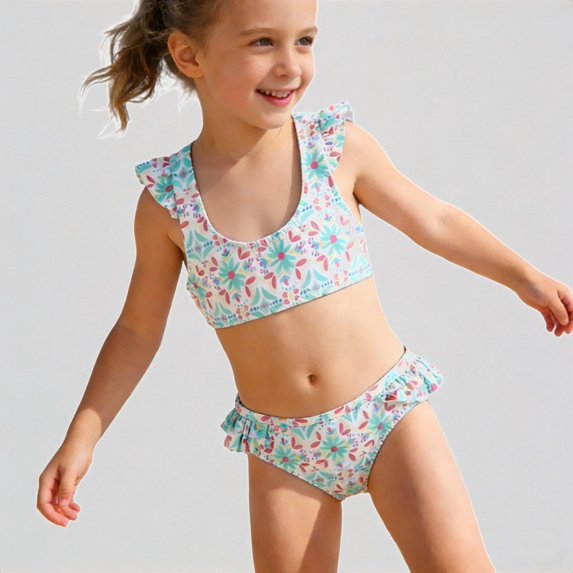 Krdevn Girls 2-Piece Swimsuit Floral Print Ruffle Flutter Sleeve Tankini Top Ruffle Trim Bottom Cute Beach Pool Swimwear,7-8 Years