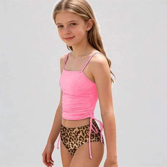 Krdevn Girls 2-Piece Swimsuit Set Solid Square Neck Spaghetti Strap Tankini Top Leopard Print High-Cut Bottoms Beach Swimwear,15-16 Years