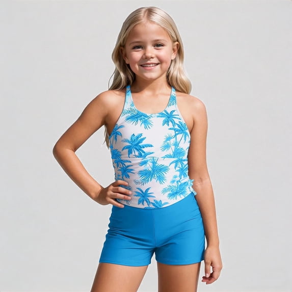 Krdevn Girls 2 Piece Tankini Swimsuit Set, Tree Print Racerback Top with Side Tie and Swim Shorts for Beach Pool Summer,5-6 Years