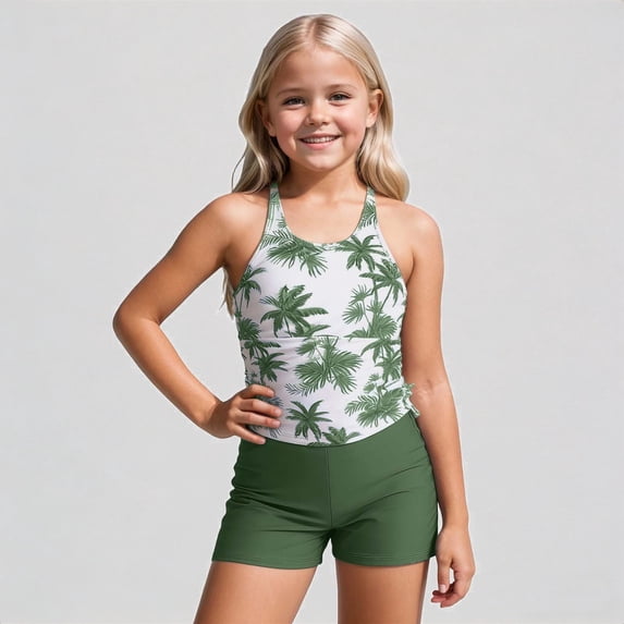 Krdevn Girls 2 Piece Tankini Swimsuit Set, Tree Print Racerback Top with Side Tie and Swim Shorts for Beach Pool Summer,7-8 Years